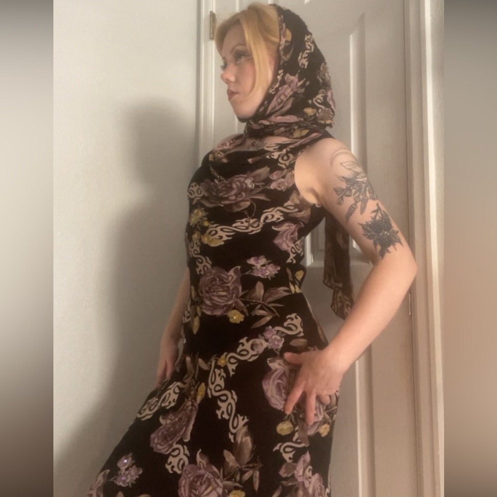 Vintage Eva blue beaded floral maxi dress with matching versatile belt/scarf - Picture 2 of 7